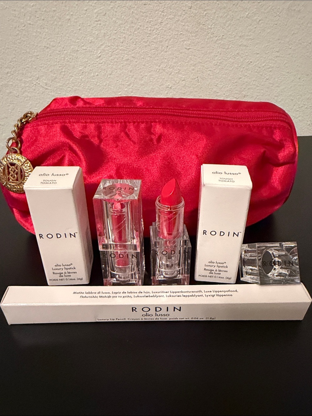 Olio Lusso Luxury Lipstick Duo plus Lip Liner Bright Red with YSL Cosmetic Pouch